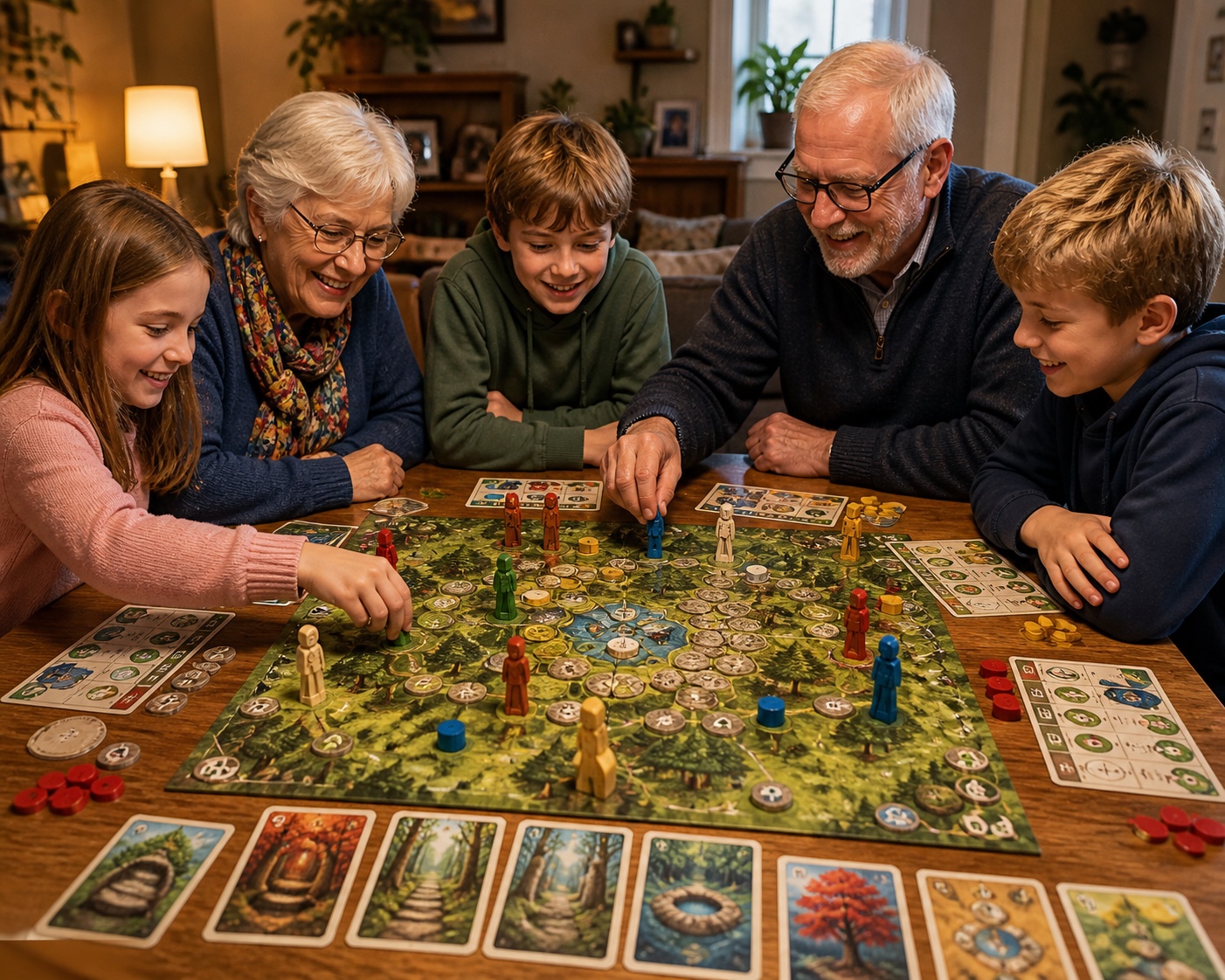 Familie und Freunde bei einem warm beleuchteten Spieleabend